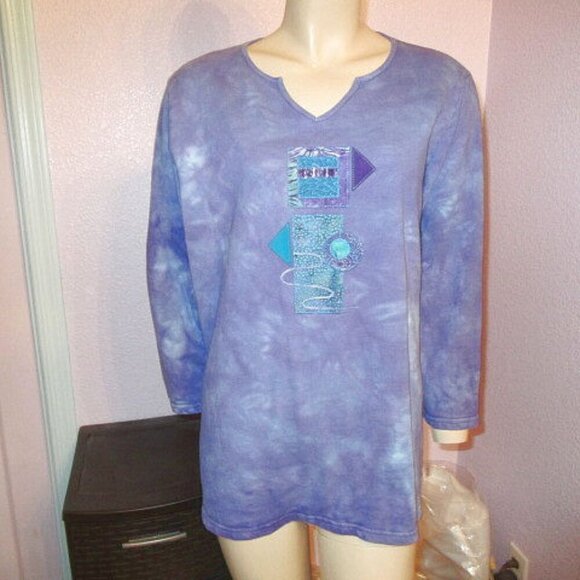 Vtg Patchwork Top Womens Plus 2X Stetch Knit Embroidered V-Neck Artsy Boho 90s - Picture 1 of 8